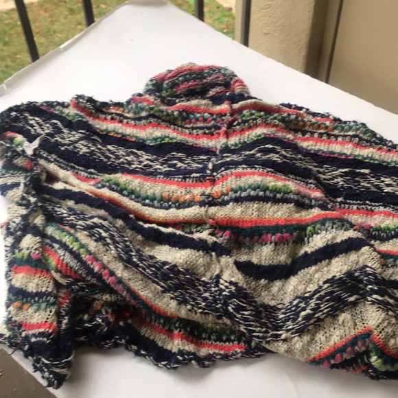 Free People Rainbow Bubble Tea Yarn Poncho Multicolored Hooded Sweater Large M L - Picture 14 of 17